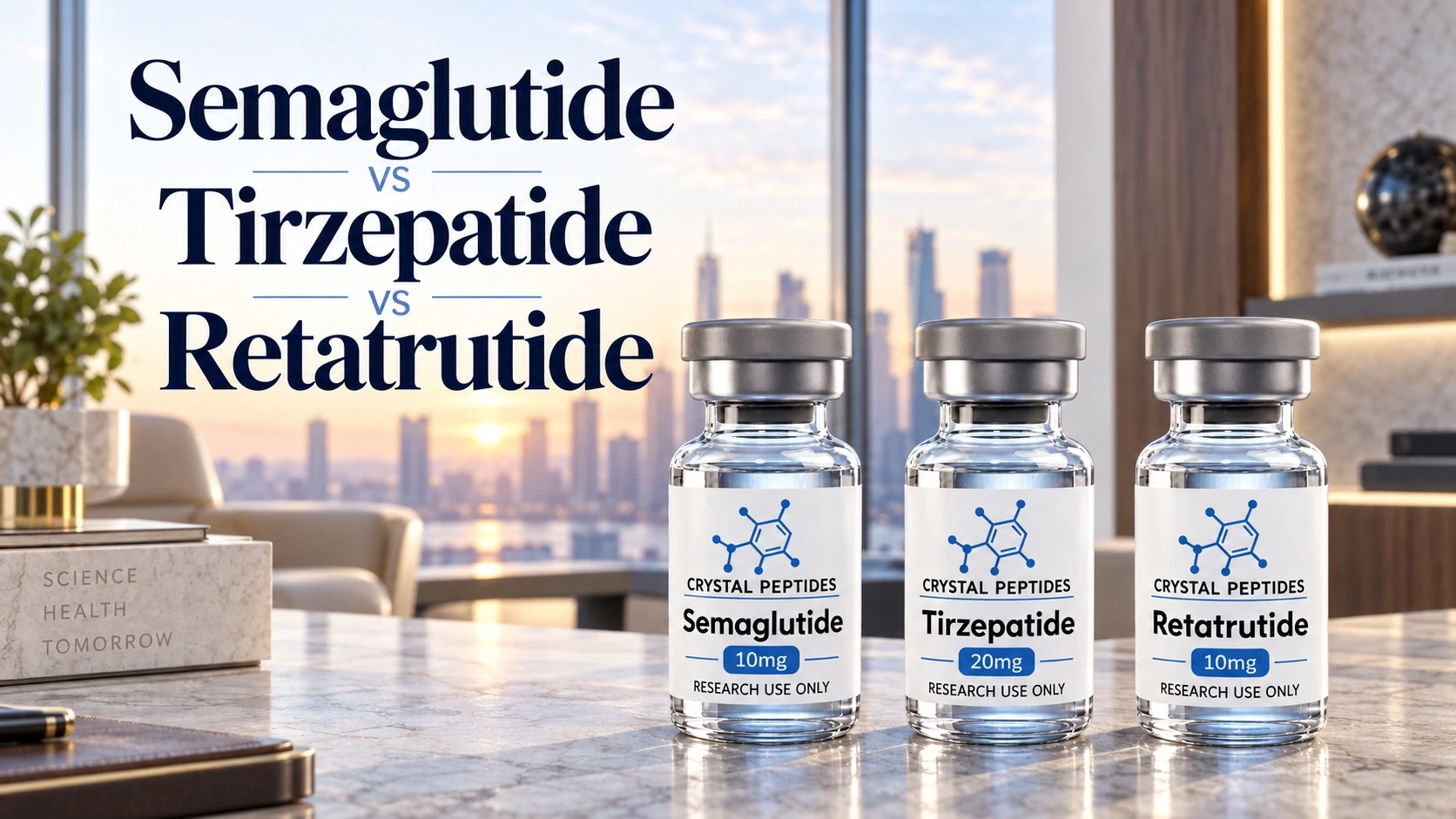 Fiolki badawcze Semaglutide, Tirzepatide i Retatrutide obok tytułu porównania w jasnym wnętrzu.