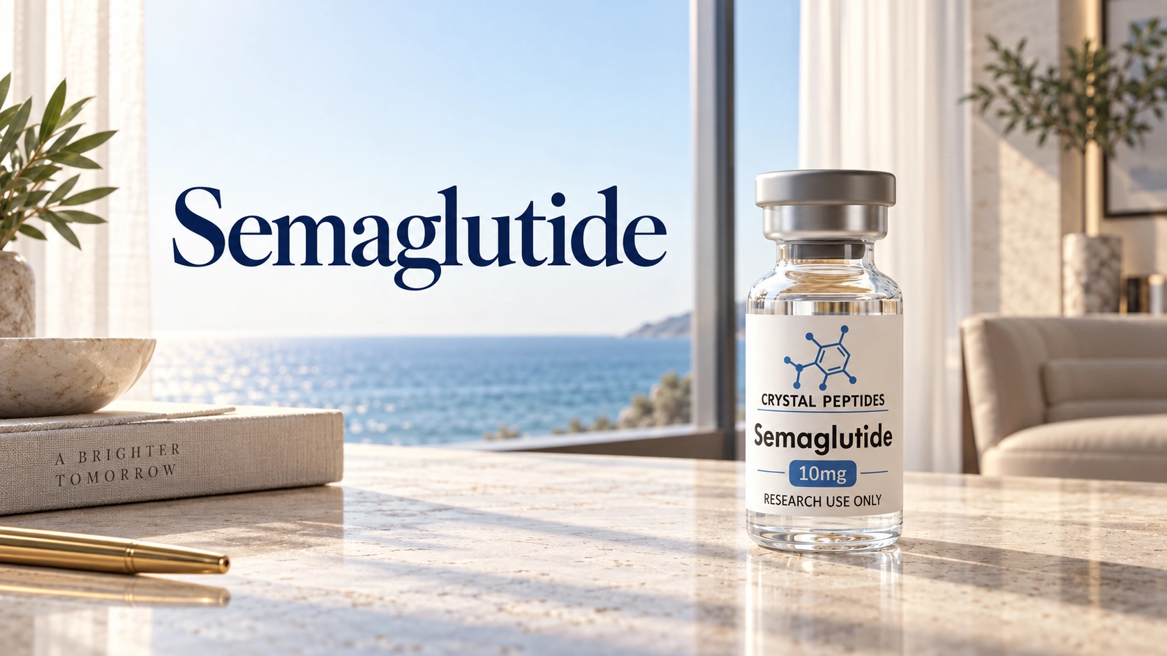 Semaglutide research vial beside the embedded Semaglutide cover title in a bright coastal interior.