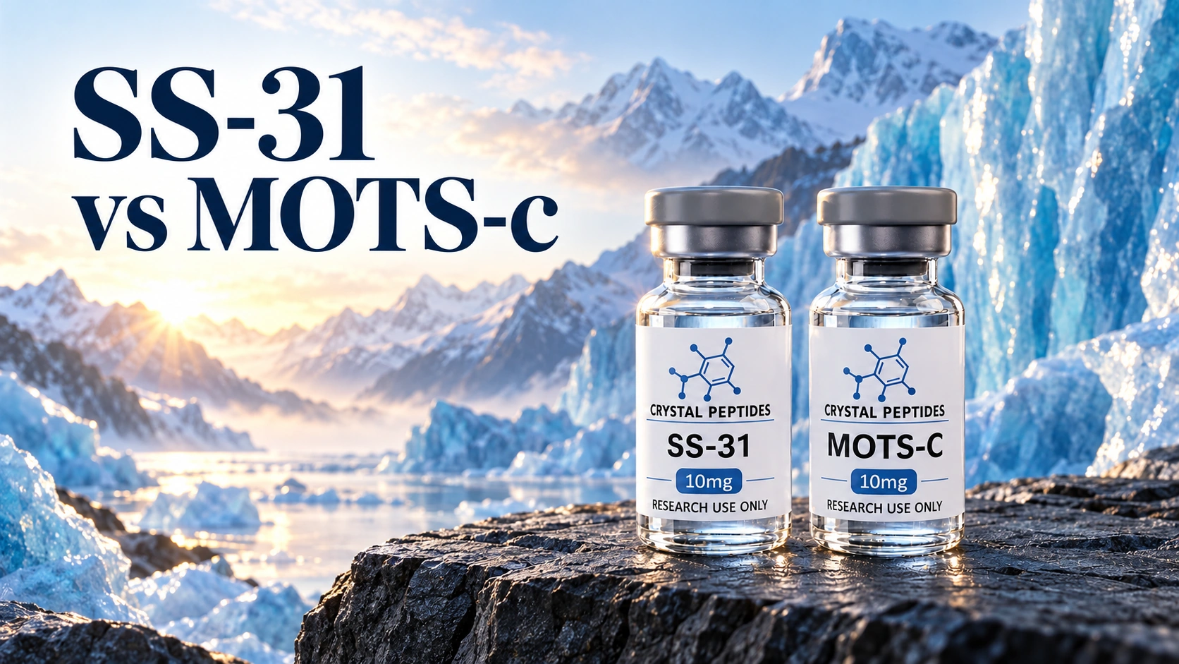 SS-31 and MOTS-c research vials beside the embedded SS-31 vs MOTS-c comparison title in a mountain landscape.