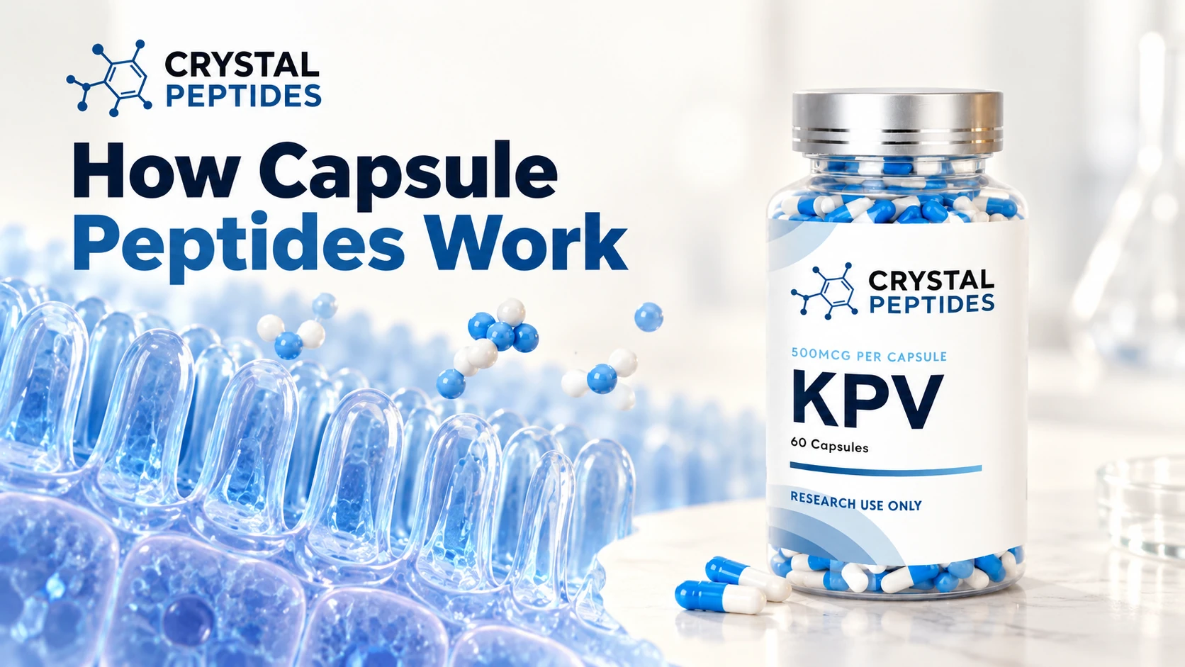 Butelka kapsułek KPV marki Crystal Peptides obok schematycznej ilustracji powierzchni jelita.