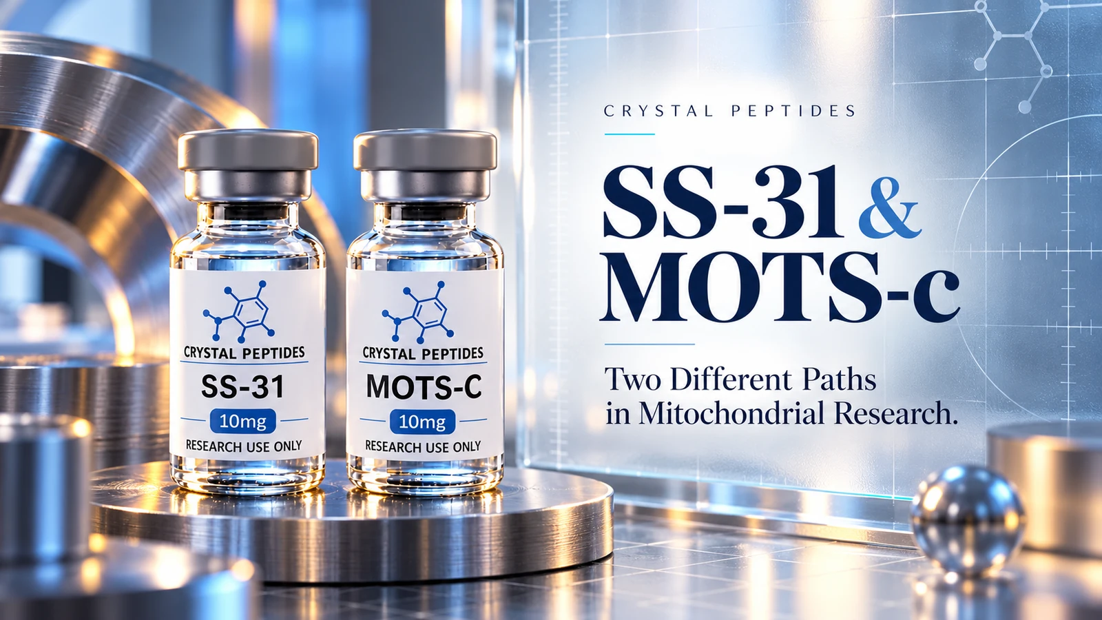 Redakcyjna ilustracja produktu: SS-31 / MOTS-c — Crystal Peptides.