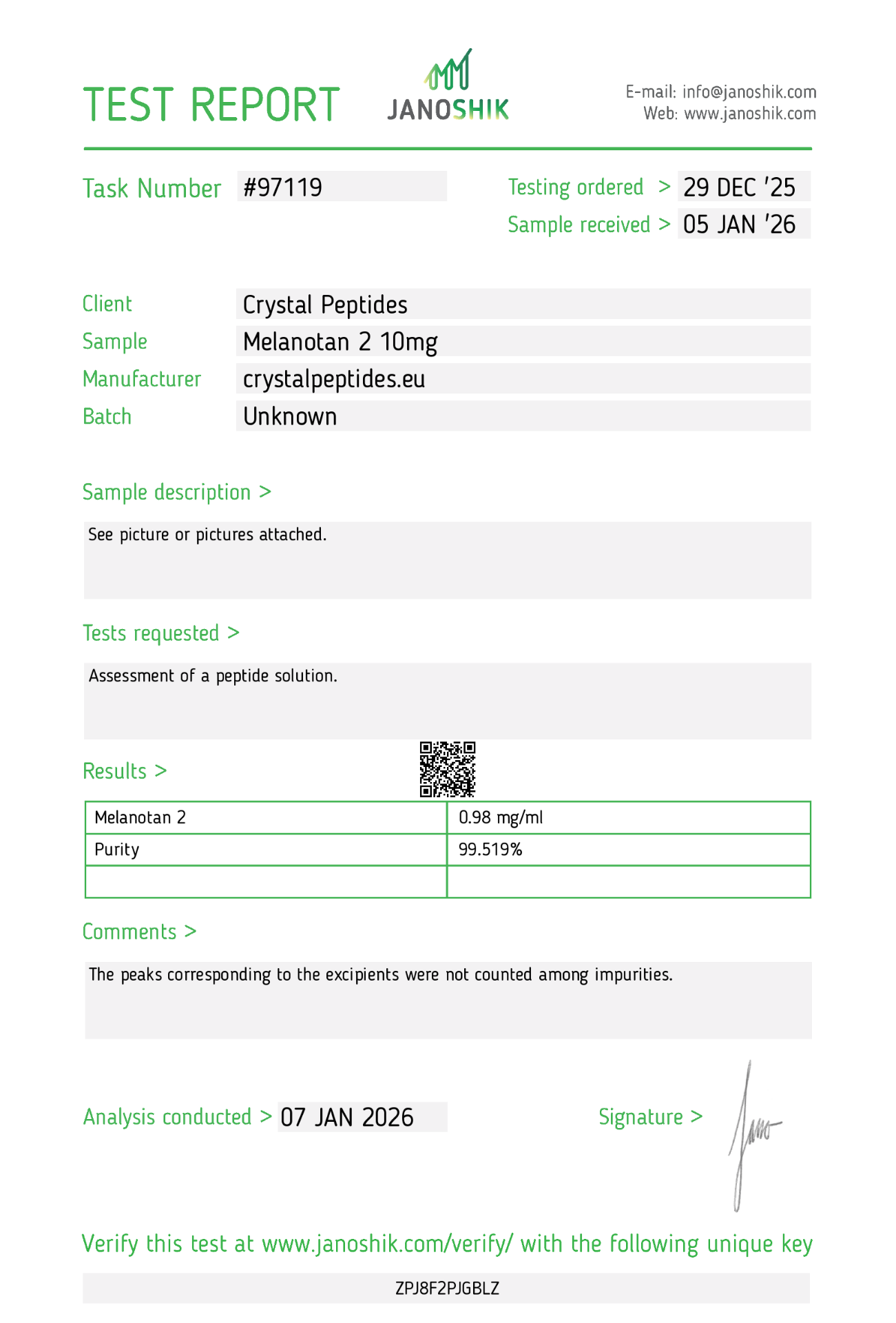 MT-2 (10mg/10ml) Purity & Identity Test Laboratoryjny